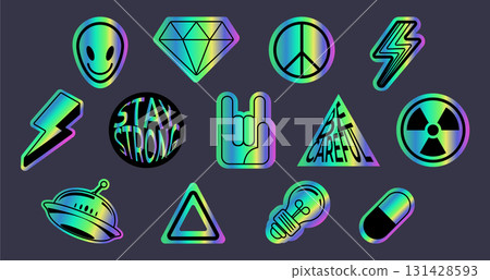 Cool holographic stickers set on background Cool holographic stickers set on background 131428593