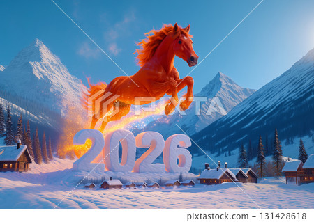 Fiery Red Horse Of The Year 2026 Leaping Through Snowy Mountains With Glowing Sparks And Large Ice Sculpture Surrounded By Winter Cabins At Sunset 131428618