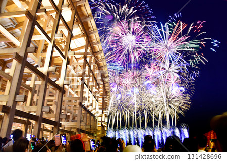 Osaka Kansai Expo 2025 large roof ring and fireworks 131428696