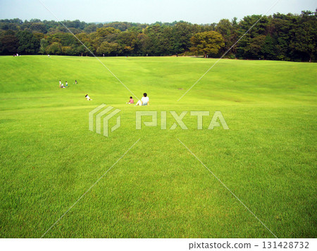 Parents and children relaxing on the large lawn Parents and children relaxing on the large lawn 131428732