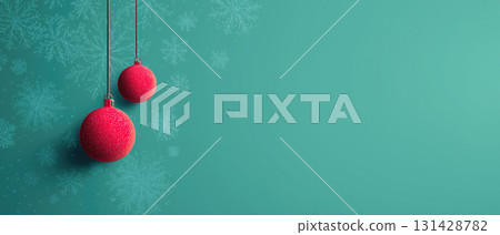 Red Christmas balls on teal background with snowflakes 131428782