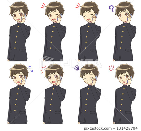 A set of boys in school uniforms talking on smartphones 131428794