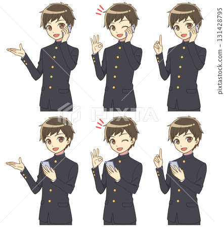 一組穿著校服的男孩拿著智慧型手機指導 131428795