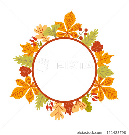 Round frame with autumn leaves and berries 131428798