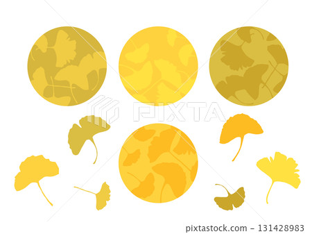 一組簡單的框架插圖，圓形背景材料散佈著黃色銀杏樹的輪廓 131428983