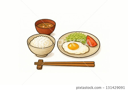 Illustration of a Japanese-style breakfast with fried eggs 131429091