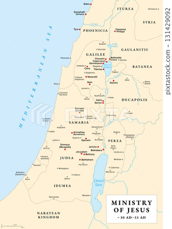 Ministry of Jesus, history map. Beginning with baptism of Jesus near River Jordan, ending in Jerusalem in Judea, following the Last Supper. Red dots marking places mentioned in the canonical Gospels. 131429092