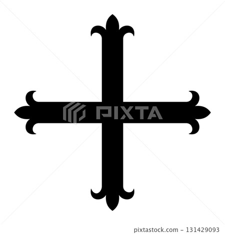 Cross fleury, or cross flory, symbol in heraldry. Cross adorned at the ends with a fleur-de-lis, a stylized iris flower. Synonyms or minor variants are fleuretty, fleuronny, floriated and flourished. Cross fleury, or cross flory, symbol in heraldry. Cross adorned at the ends with a fleur-de-lis, a stylized iris flower. Synonyms or minor variants are fleuretty, fleuronny, floriated and flourished. 131429093