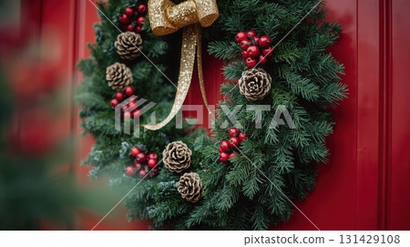 Festive Christmas wreath with pinecones, red berries, and golden bow hanging on a red wooden door 131429108