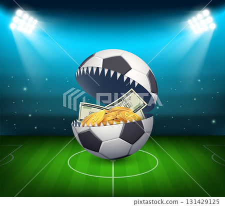 Soccer ball with money at a football stadium Soccer ball with money at a football stadium 131429125