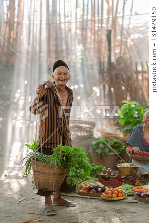 Local Market Scene Featuring Fresh Vegetables and a Smiling, Friendly Vendor Engaging with Customers 131429150