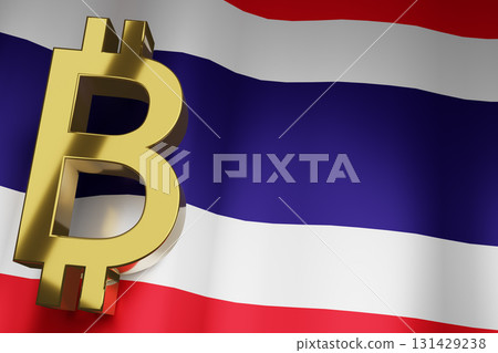 THB Thai Baht Currency Sign on Thailand National Flag for Business Financial Background, 3D Rendering. THB Thai Baht Currency Sign on Thailand National Flag for Business Financial Background, 3D Rendering. 131429238