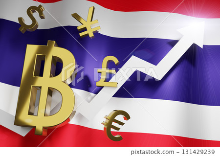 THB Thailand Baht Currency with Thai National Flag Money Exchange Rate Grow Rising Up Business Financial concept, 3D Rendering. THB Thailand Baht Currency with Thai National Flag Money Exchange Rate Grow Rising Up Business Financial concept, 3D Rendering. 131429239