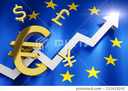 EUR Euro Currency with European Union (EU) Flag Money Exchange Rate Grow Rising Up Business Financial concept, 3D Rendering. 131429242