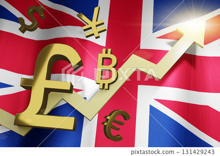 Golden British Money currency Sign for Business with United Kingdom Flag and Arrow Rise up for financial background, 3D Rendering with copy space. 131429243