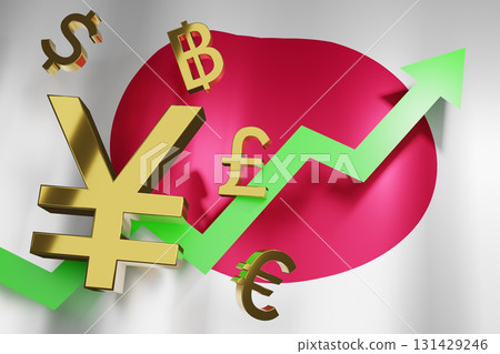 JYP Japanese Yen Currency with Japan National Flag Money Exchange Rate Grow Rising Up Business Financial concept, 3D Rendering. JYP Japanese Yen Currency with Japan National Flag Money Exchange Rate Grow Rising Up Business Financial concept, 3D Rendering. 131429246