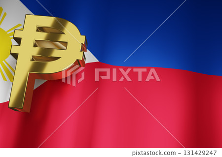 PHP Peso Currency Sign of Philippine Money Exchange on Philippine National Flag for Business Financial background, 3D Rendering. 131429247