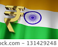 INR Indian Rupee India Currency Sign on India National Flag for Business Financial Background, 3D Rendering. 131429248