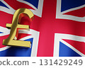 Golden British Money currency Sign for Business with United Kingdom Flag Financial background, 3D Rendering with copy space. 131429249