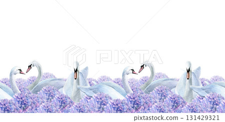 Seamless border with swans and purple hydrangea. Watercolor illustration of floating white birds in summer flowers on a white background. Good for postcards, recipes, menu, invitations, greeting cards 131429321
