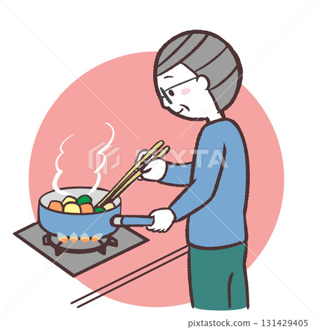 一位老人用瓦斯煮飯的插圖 131429405