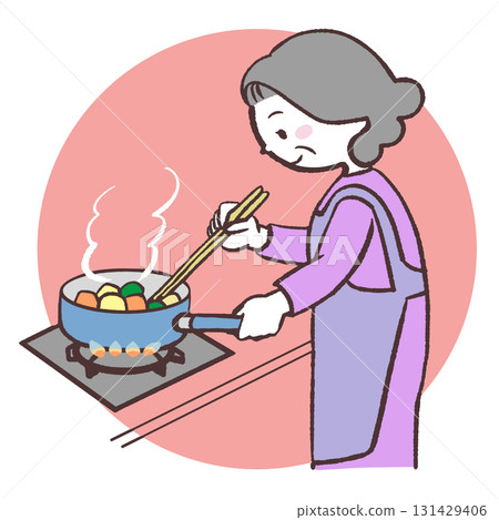 Illustration of a senior woman cooking with gas Illustration of a senior woman cooking with gas 131429406
