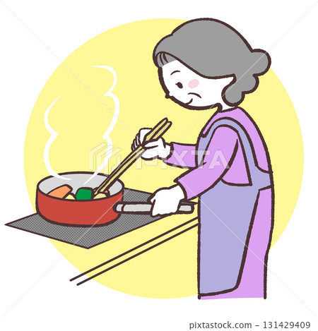 一位老年婦女在電磁爐上做飯的插圖 一位老年婦女在電磁爐上做飯的插圖 131429409