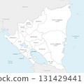 Vector map of Nicaragua with departments and autonomous regions, and neighbouring countries and territories. Editable and clearly labeled layers. 131429441