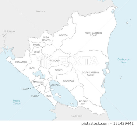 Vector map of Nicaragua with departments and autonomous regions, and neighbouring countries and territories. Editable and clearly labeled layers. 131429441