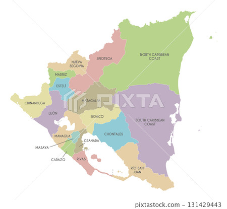 Vector map of Nicaragua with departments, autonomous regions and administrative divisions. Editable and clearly labeled layers. 131429443