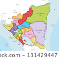 Vector illustrated map of Nicaragua with departments and autonomous regions, and neighbouring countries and territories. Editable and clearly labeled layers. 131429447