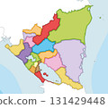 Vector illustrated blank map of Nicaragua with departments and autonomous regions, and neighbouring countries and territories. Editable and clearly labeled layers. 131429448