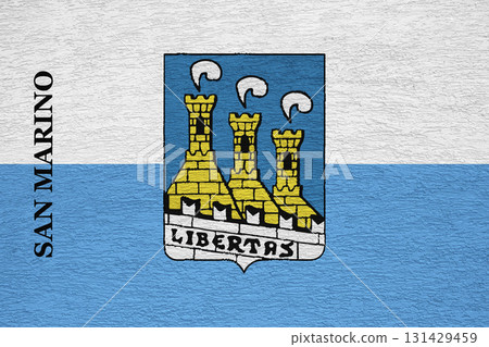 The official flag of San Marino's capital, San Marino, on a plaster wall texture. Conceptual collage The official flag of San Marino's capital, San Marino, on a plaster wall texture. Conceptual collage 131429459