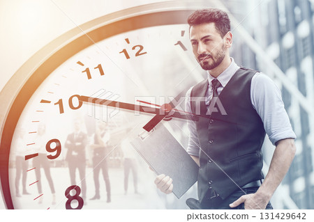 Businessman overlay with clock face for business times working hours concept. 131429642
