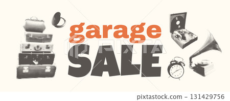 Vintage Garage Sale Vector Illustration with Halftone Effect Featuring Retro Objects 131429756