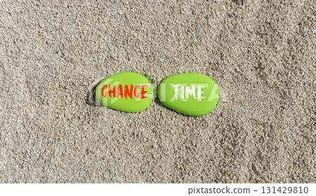 Chance time symbol. Concept word Chance time on beautiful green stones. Sea sand beach. Beautiful sand beach background. Business chance time concept. Copy space. 131429810