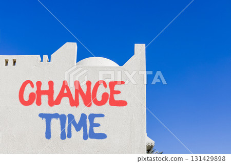 Chance time symbol. Concept word Chance time on beautiful white wall. Beautiful blue sky background. Business chance time concept. Copy space. Chance time symbol. Concept word Chance time on beautiful white wall. Beautiful blue sky background. Business chance time concept. Copy space. 131429898