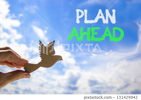 Plan ahead symbol. Concept word Plan ahead on beautiful blue sky. Businessman's hand with wooden bird. Beautiful blue sky and cloud background. Business plan ahead concept. Copy space. 131429942