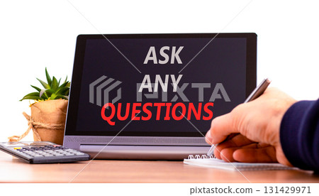 Ask any questions symbol. Concept words Ask any questions on beautiful black tablet. Beautiful white background. Businessman hand. Business ask any questions concept. Copy space. Ask any questions symbol. Concept words Ask any questions on beautiful black tablet. Beautiful white background. Businessman hand. Business ask any questions concept. Copy space. 131429971