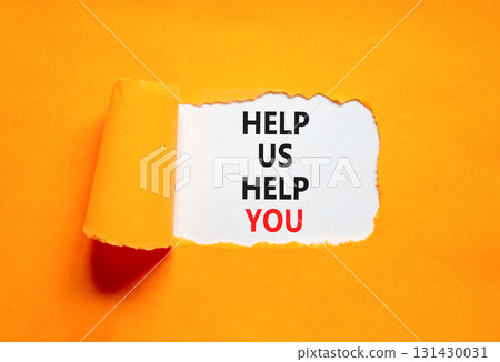 Help you symbol. Concept words phrase Help us help you on beautiful white paper. Beautiful orange paper background. Business Help you concept. Copy space. Help you symbol. Concept words phrase Help us help you on beautiful white paper. Beautiful orange paper background. Business Help you concept. Copy space. 131430031