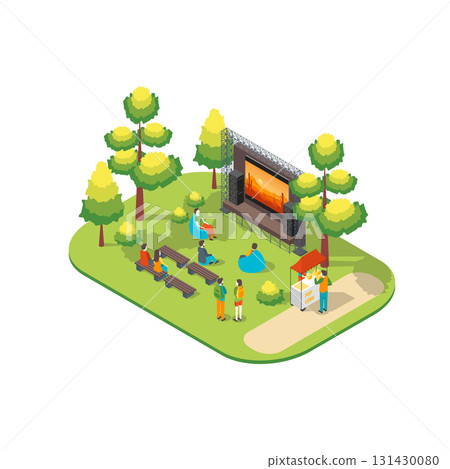 Cartoon Color Character People and Open Air Cinema Scene Park Summer Fest Concept 3d Isometric View. Vector illustration 131430080