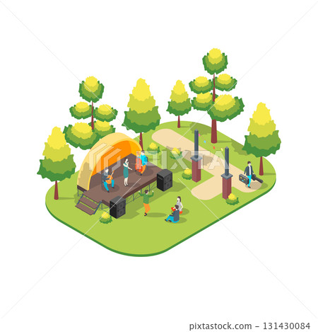 Cartoon Color Character People and Popular Band on Stage Summer Park Fest Concept 3d Isometric View. Vector illustration 131430084