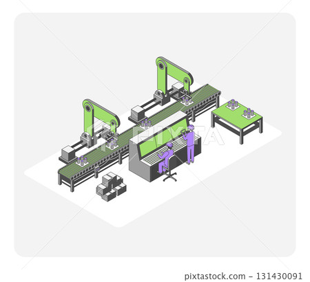 Cartoon Color Professional Workers People and Factory Conveyor Concept 3d Isometric View Line Elements. Vector illustration of Industrial Automation Process 131430091