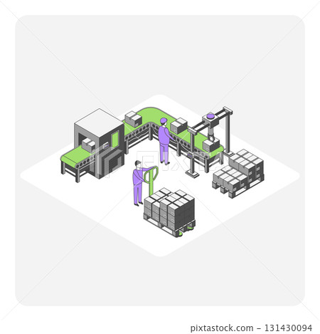 Cartoon Color Factory Conveyor Concept 3d Isometric View Line Elements. Vector illustration of Industrial Automation Process 131430094
