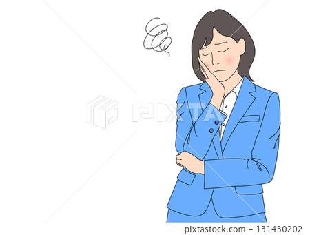 Illustration of a woman in a suit thinking with her hand on her cheek, front view, blue 131430202