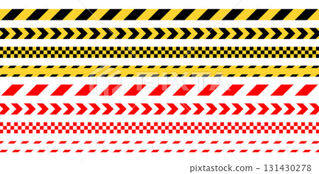 Caution tape line. Yellow and black safety stripe. Barrier for fencing the perimeter of a construction site or crime scene. 131430278