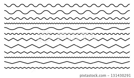 Zigzag wave line. Wiggling curved stripes. Set of vector corrugated patterns. Zigzag wave line. Wiggling curved stripes. Set of vector corrugated patterns. 131430291