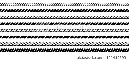 Rope line pattern. Braided cord border. Brush thread texture. Vector nautical vintage ornaments in a row isolated on white background. Rope line pattern. Braided cord border. Brush thread texture. Vector nautical vintage ornaments in a row isolated on white background. 131430293