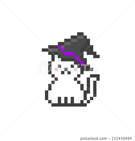A sitting white cat wearing a pixelated witch's hat A sitting white cat wearing a pixelated witch's hat 131430494