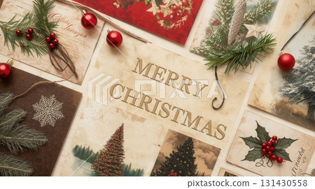 Vintage Merry Christmas greeting cards with festive decorations, pine branches, and holiday ornaments 131430558